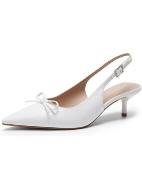 DREAM PAIRS Women's White Slingback Kitten Heels Pumps with Bow 2.17" Low Heels